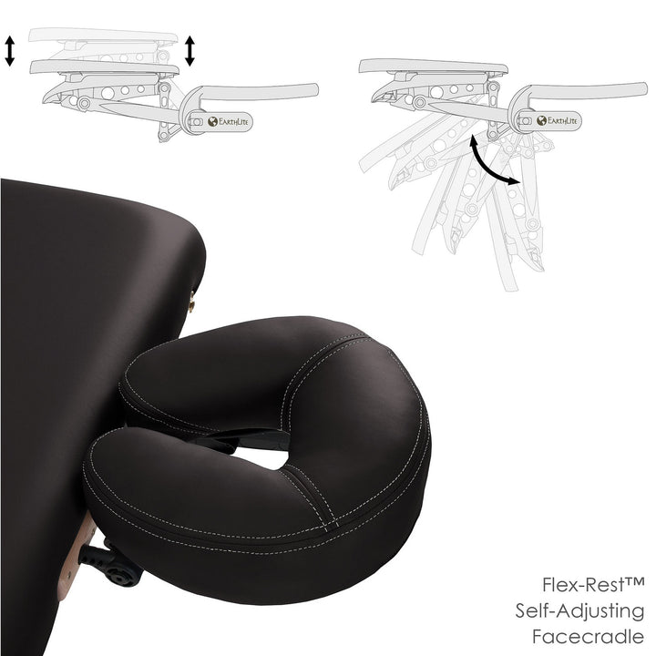 Earthlite Avalon XD Tilt Top portable massage table in black with head rest adjustment angles
