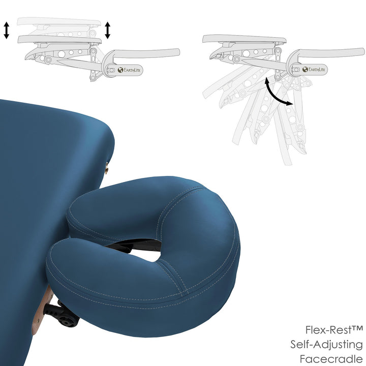 Earthlite Avalon XD Tilt Top portable massage table in mystic blue with head rest adjustment angles