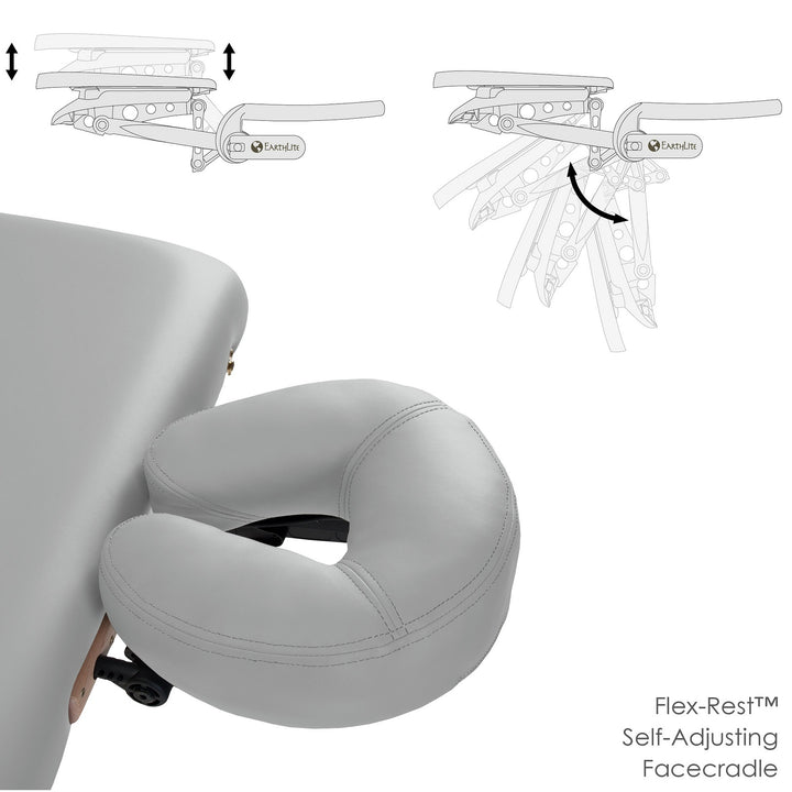Earthlite Avalon XD Tilt Top portable massage table in light grey with head rest adjustment angles