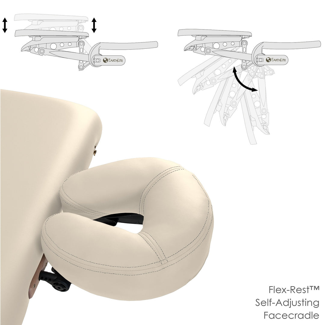 Earthlite Avalon XD Tilt Top portable massage table in light creme with head rest adjustment angles