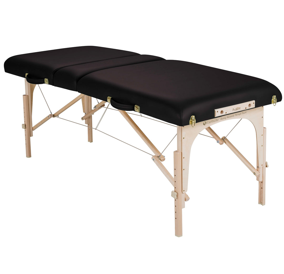 Earthlite Avalon XD Tilt Top portable massage table in black laying flat
