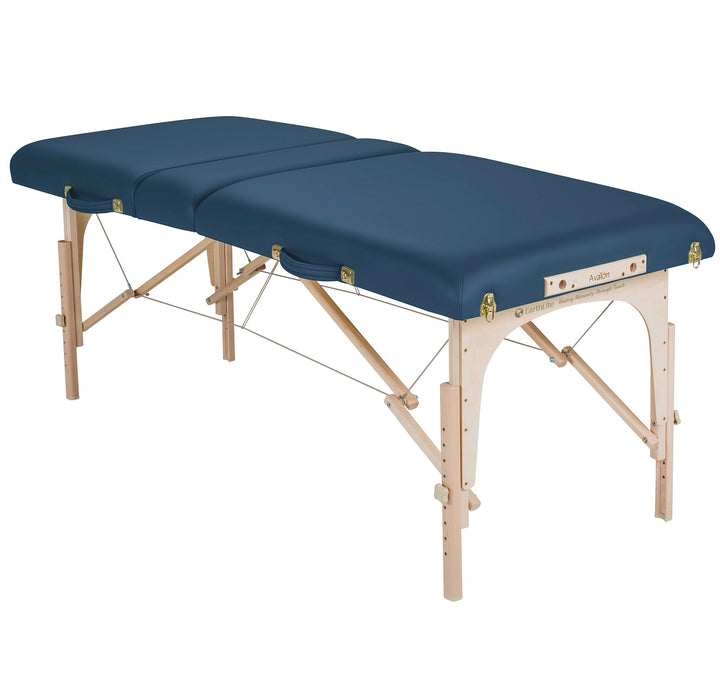 Earthlite Avalon XD Tilt Top portable massage table in mystic blue laying flat