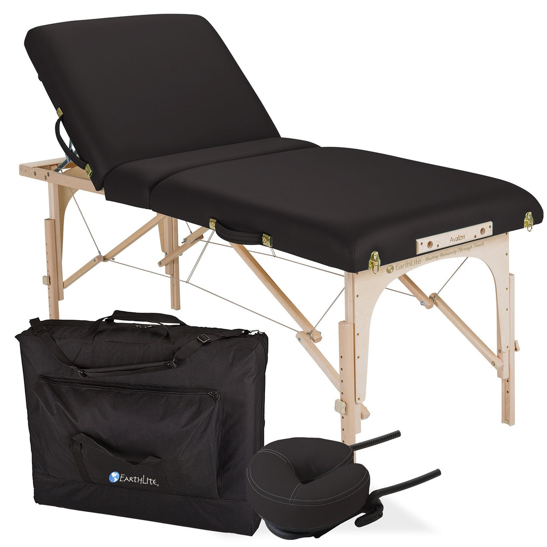 Earthlite Avalon XD Tilt Top portable massage table in black with back rest raised.  Carrying bag and head rest also depicted.