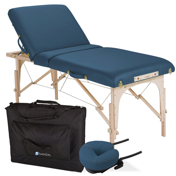 Earthlite Avalon XD Tilt Top portable massage table in mystic blue with back rest raised.  Carrying bag and head rest also depicted.