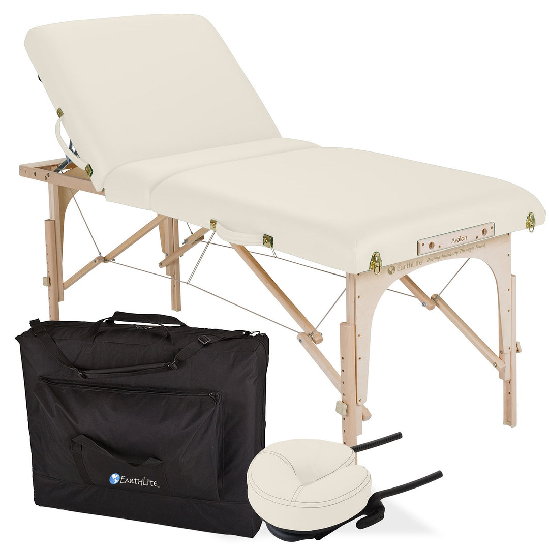 Earthlite Avalon XD Tilt Top portable massage table in light creme with back rest raised.  Carrying bag and head rest also depicted.