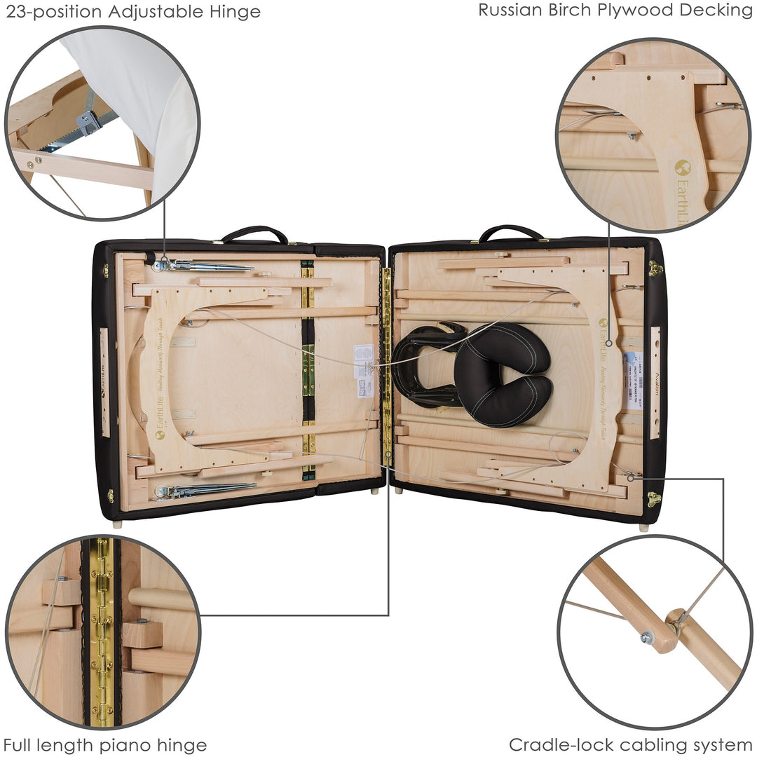 Earthlite Avalon XD Tilt Top portable massage table in black mid-fold with images calling out adjustable hinges, birch plywood construction, piano hinge, and cradle-lock cabling system