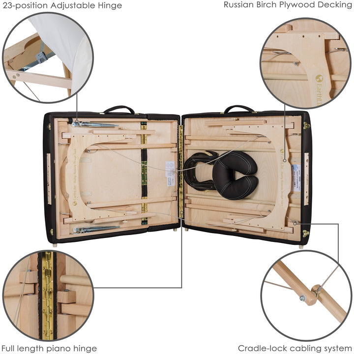 Earthlite Avalon XD Tilt Top portable massage table in black mid-fold with images calling out adjustable hinges, birch plywood construction, piano hinge, and cradle-lock cabling system