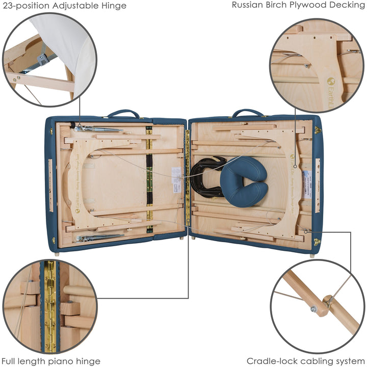 Earthlite Avalon XD Tilt Top portable massage table in mystic blue mid-fold with images calling out adjustable hinges, birch plywood construction, piano hinge, and cradle-lock cabling system