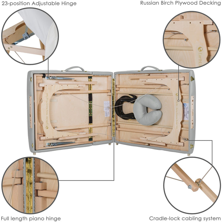 Earthlite Avalon XD Tilt Top portable massage table in light grey mid-fold with images calling out adjustable hinges, birch plywood construction, piano hinge, and cradle-lock cabling system