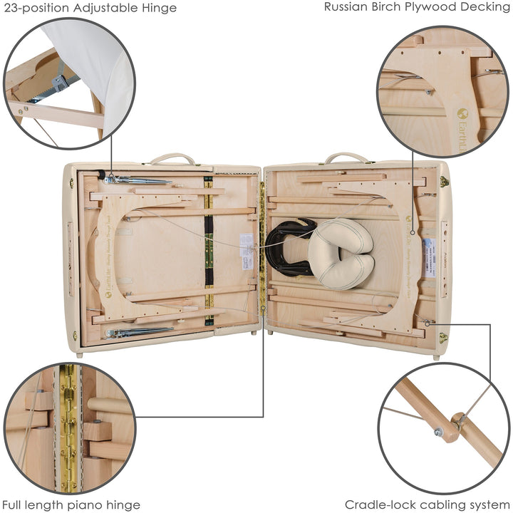 Earthlite Avalon XD Tilt Top portable massage table in light creme mid-fold with images calling out adjustable hinges, birch plywood construction, piano hinge, and cradle-lock cabling system