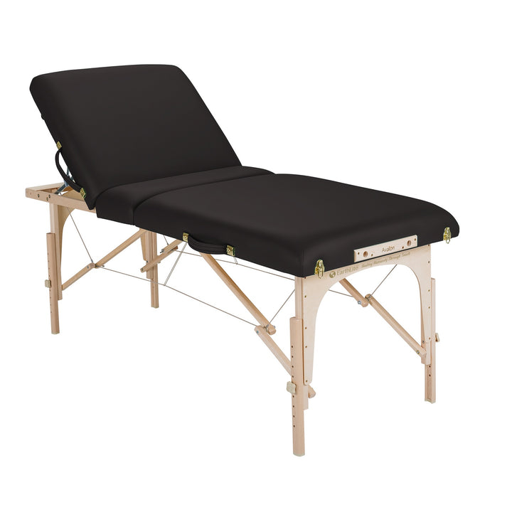 Earthlite Avalon XD Tilt Top portable massage table in black with back rest raised