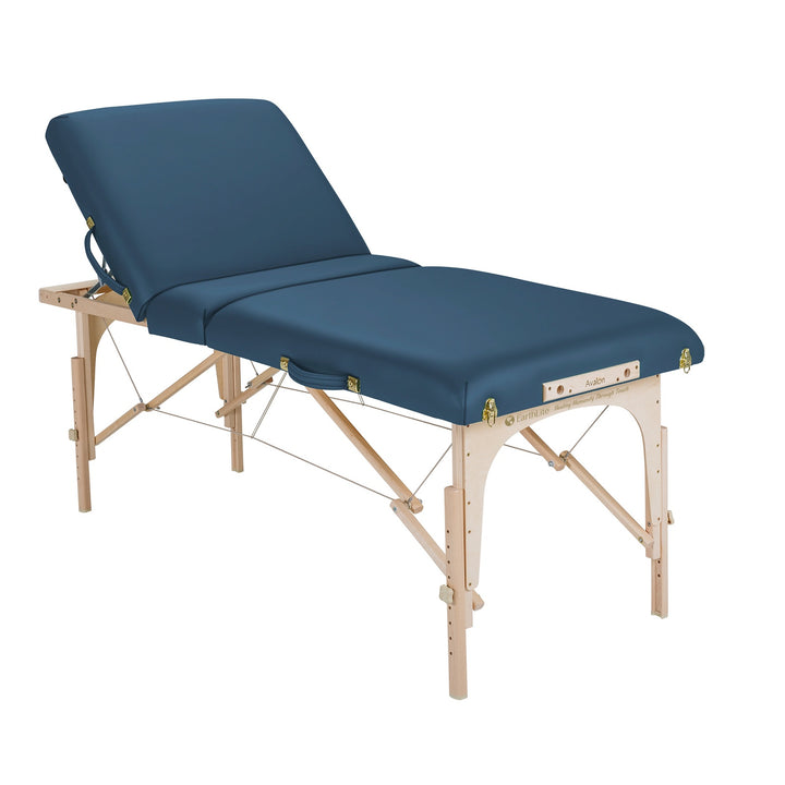 Earthlite Avalon XD Tilt Top portable massage table in mystic blue with back rest raised