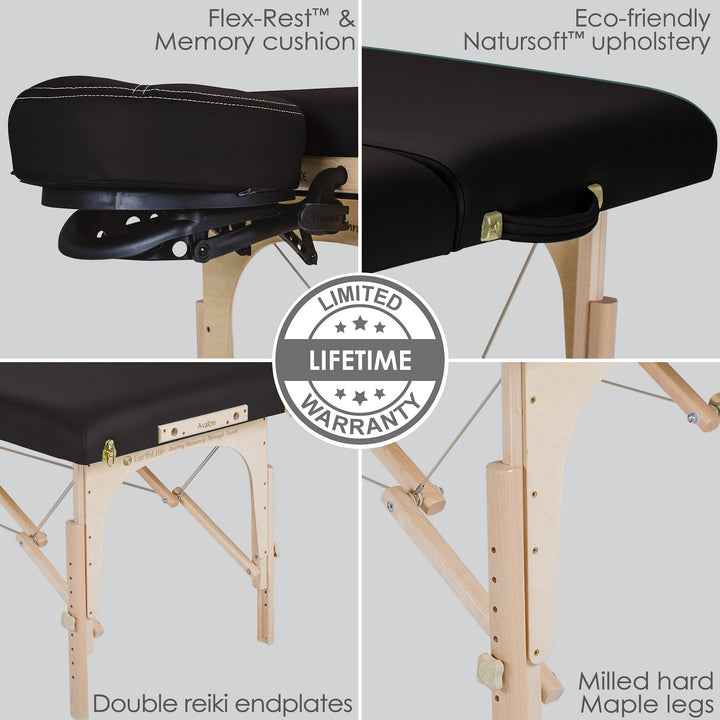 Earthlite Avalon XD Tilt Top portable massage table in black.  Four images depict memory cushion head rest, natursoft upholstery, doulbe reiki endplates, maple wood legs all with life time warranty.