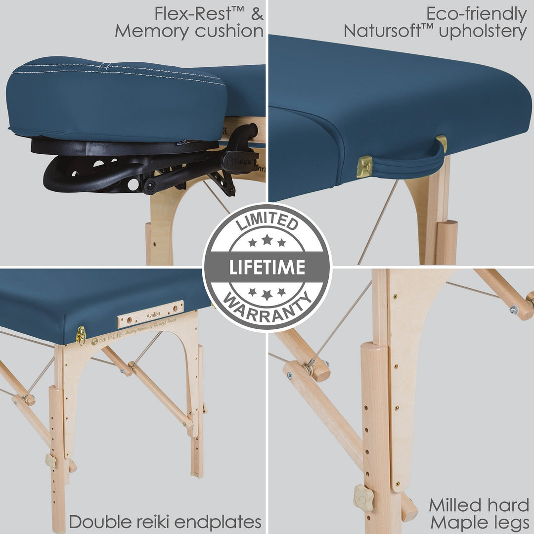 Earthlite Avalon XD Tilt Top portable massage table in mystic blue.  Four images depict memory cushion head rest, natursoft upholstery, doulbe reiki endplates, maple wood legs all with life time warranty.