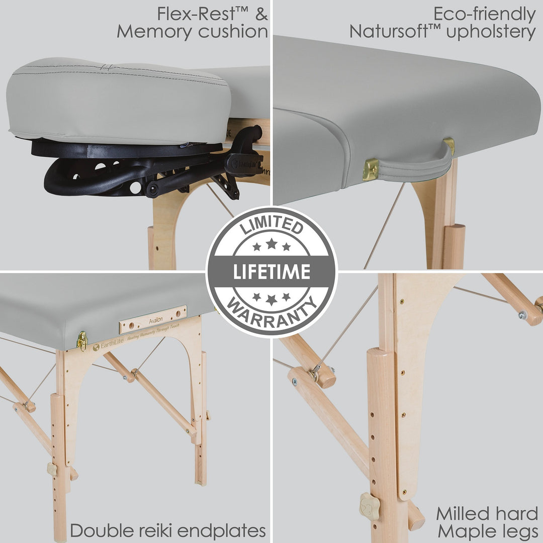 Earthlite Avalon XD Tilt Top portable massage table in light grey.  Four images depict memory cushion head rest, natursoft upholstery, doulbe reiki endplates, maple wood legs all with life time warranty.