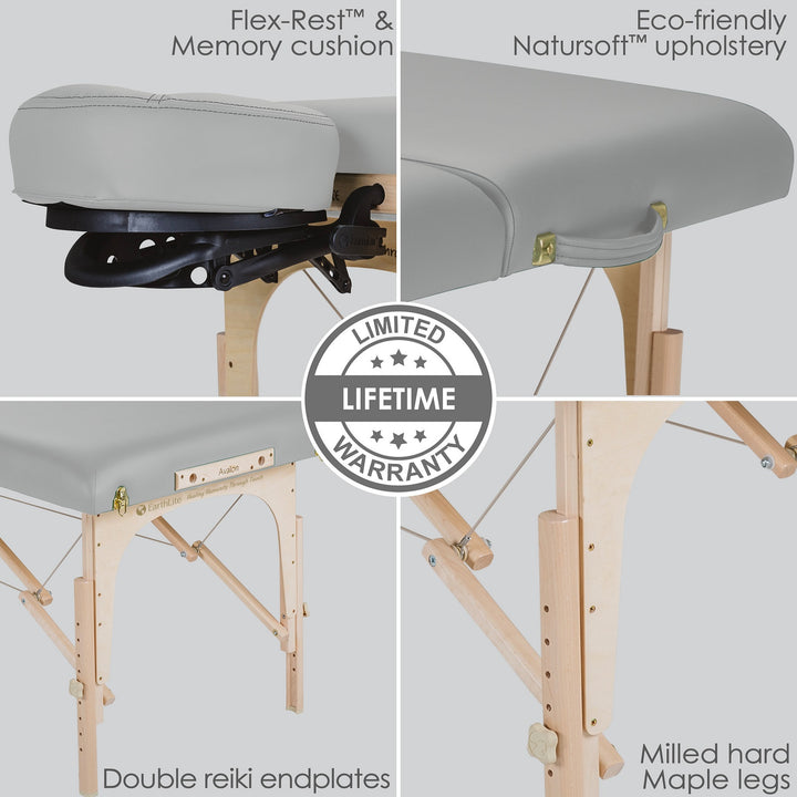 Earthlite Avalon XD Tilt Top portable massage table in light grey.  Four images depict memory cushion head rest, natursoft upholstery, doulbe reiki endplates, maple wood legs all with life time warranty.