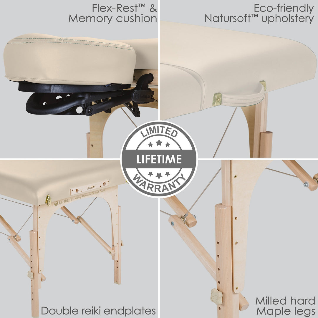 Earthlite Avalon XD Tilt Top portable massage table in light creme.  Four images depict memory cushion head rest, natursoft upholstery, doulbe reiki endplates, maple wood legs all with life time warranty.