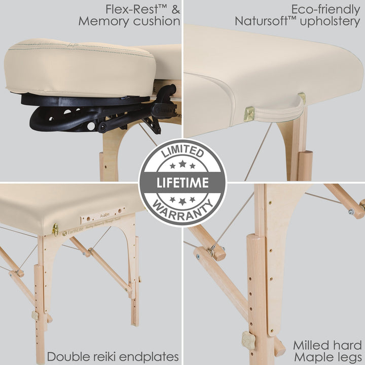 Earthlite Avalon XD Tilt Top portable massage table in light creme.  Four images depict memory cushion head rest, natursoft upholstery, doulbe reiki endplates, maple wood legs all with life time warranty.