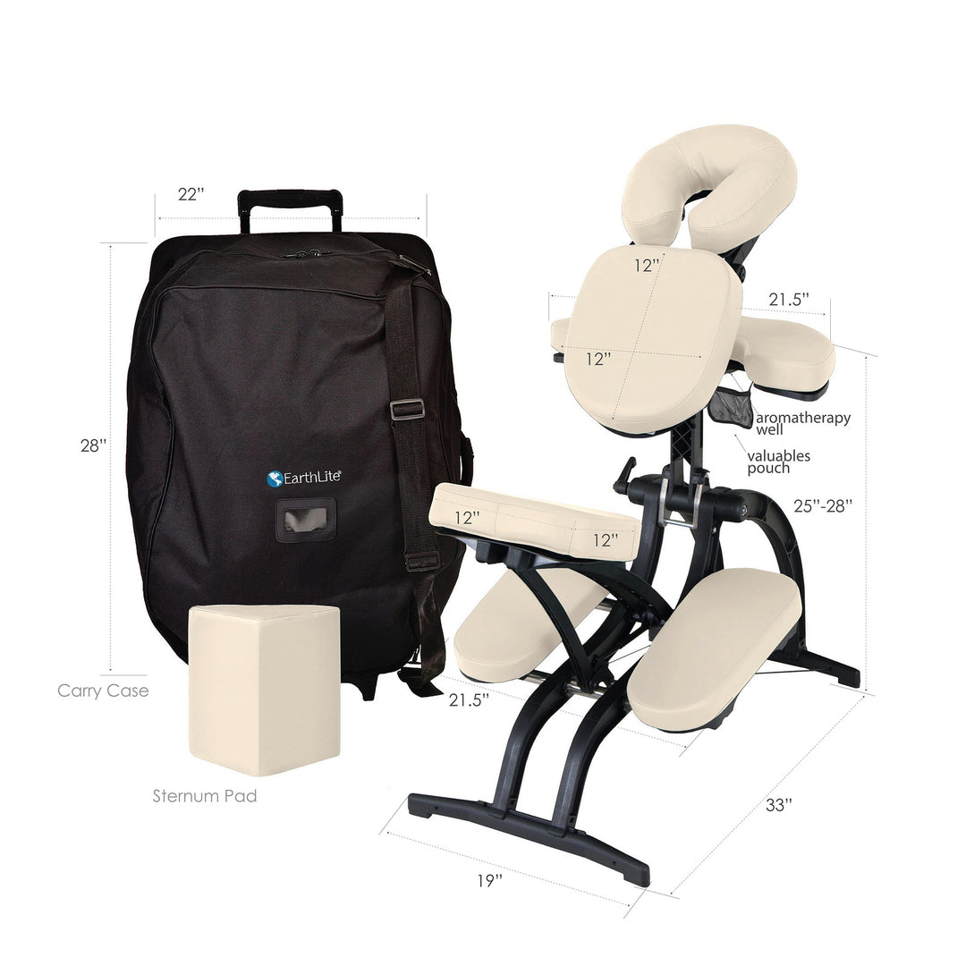 Earthlite Avila II portable massage chair in Light Creme and sternum pad and carrying bag.  Each item has dimensions noted.