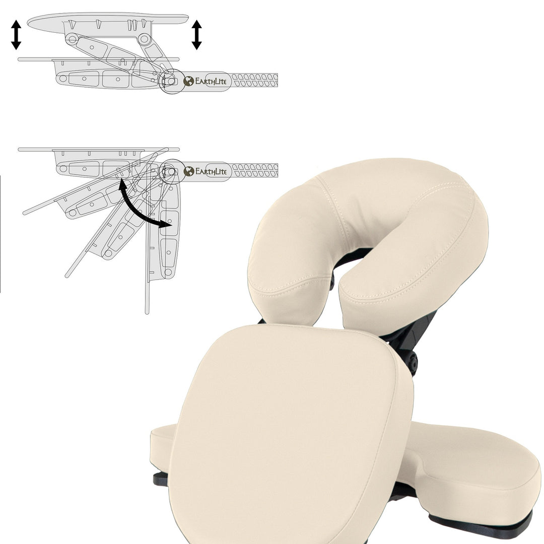 Earthlite Avila II portable massage chair in Light Creme depicting how the headrest adjusts and locks in place
