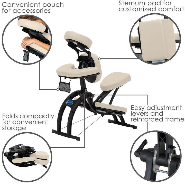 Earthlite Avila II portable massage chair in Light Creme with details called out in four small images.  Callouts note: sternum pad, pouch for accessories on head rest, easy adjustment levers and compact folding.