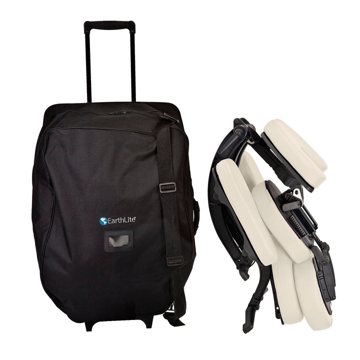 Earthlite Avila II portable massage chair in Light Creme folded for transport sitting next to the carrying case.