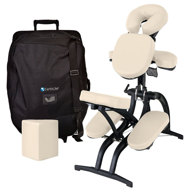 Earthlite Avila II portable massage chair in Light Creme next to a sternum pad and carrying bag.