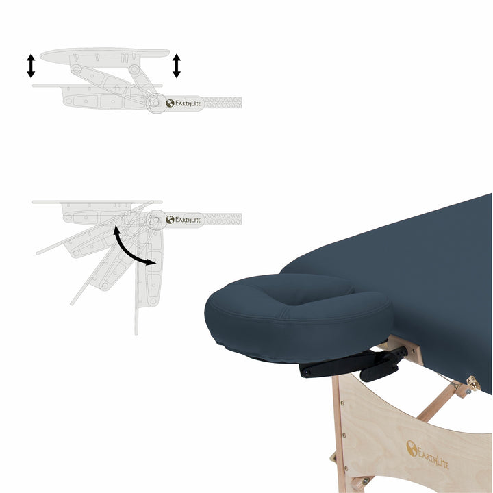 Earthlite Harmony DX portable massage table in Mystic Blue. Image depicts head rest and adjustment angles.