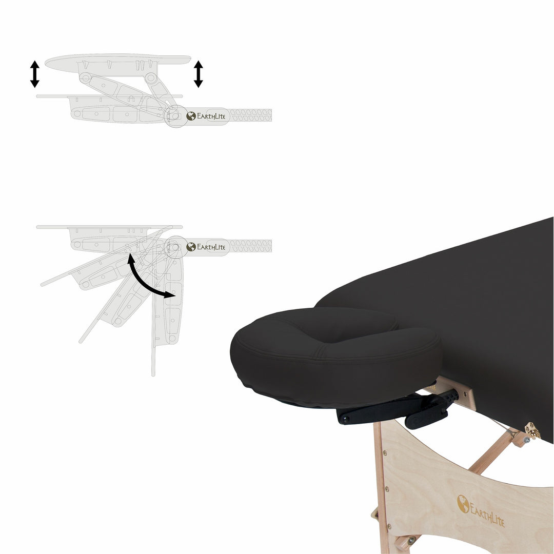 Earthlite Harmony DX portable massage table in black. Image depicts head rest and adjustment angles.