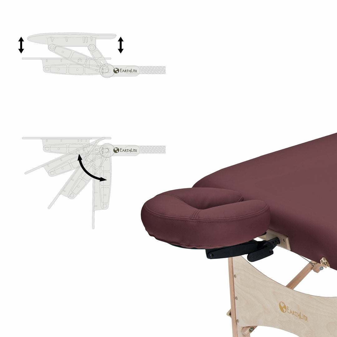Earthlite Harmony DX portable massage table in burgundy. Image depicts head rest and adjustment angles.