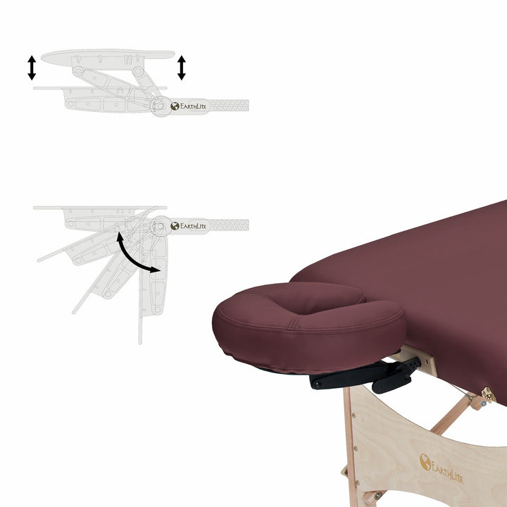 Earthlite Harmony DX portable massage table in burgundy. Image depicts head rest and adjustment angles.