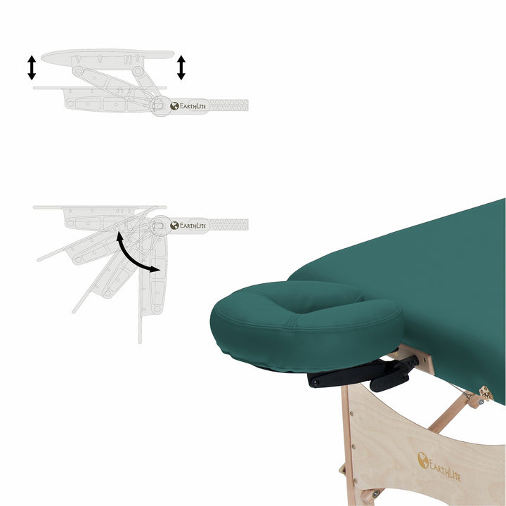 Earthlite Harmony DX portable massage table in teal. Image depicts head rest and adjustment angles.
