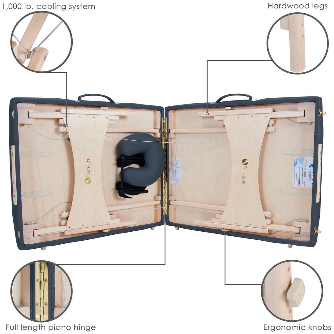 Earthlite Harmony DX portable massage table in Mystic Blue partially folded.  Four cutout images depict hardwood legs, cabling system, piano hinge and adjustment knobs