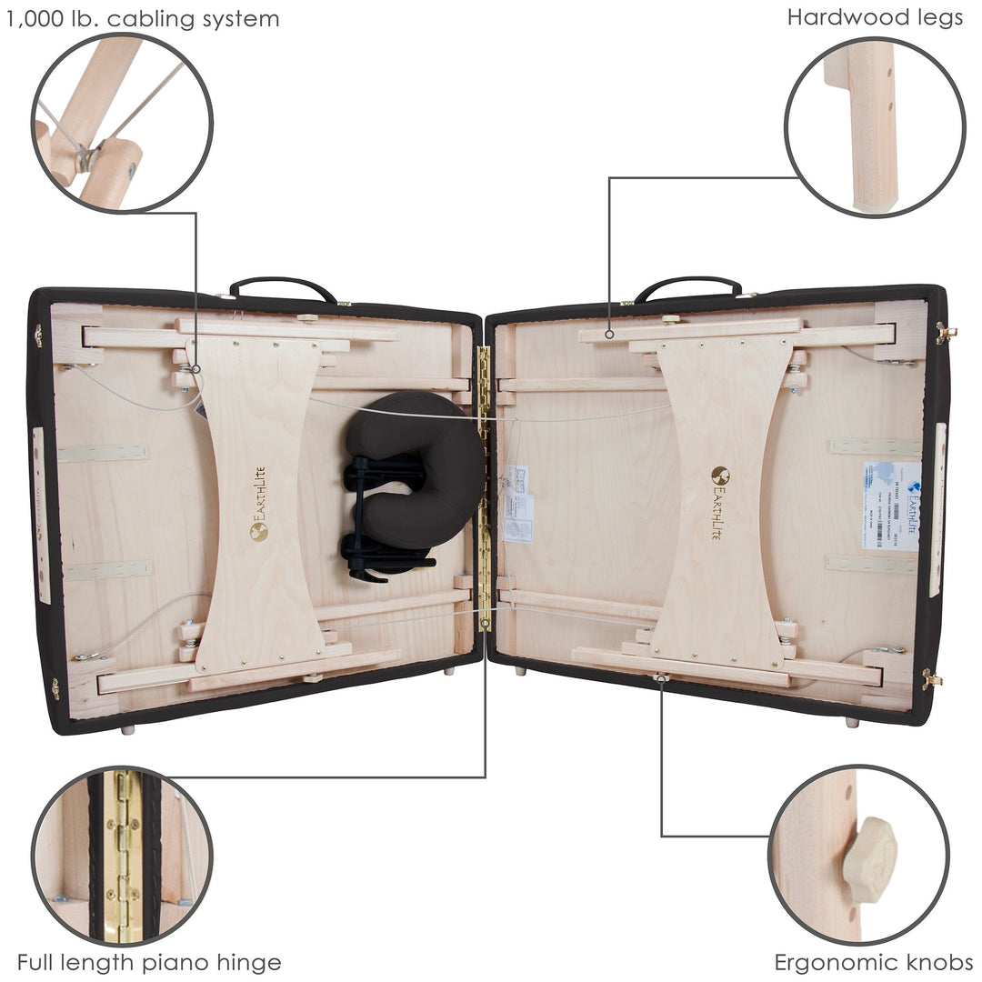 Earthlite Harmony DX portable massage table in black partially folded.  Four cutout images depict hardwood legs, cabling system, piano hinge and adjustment knobs
