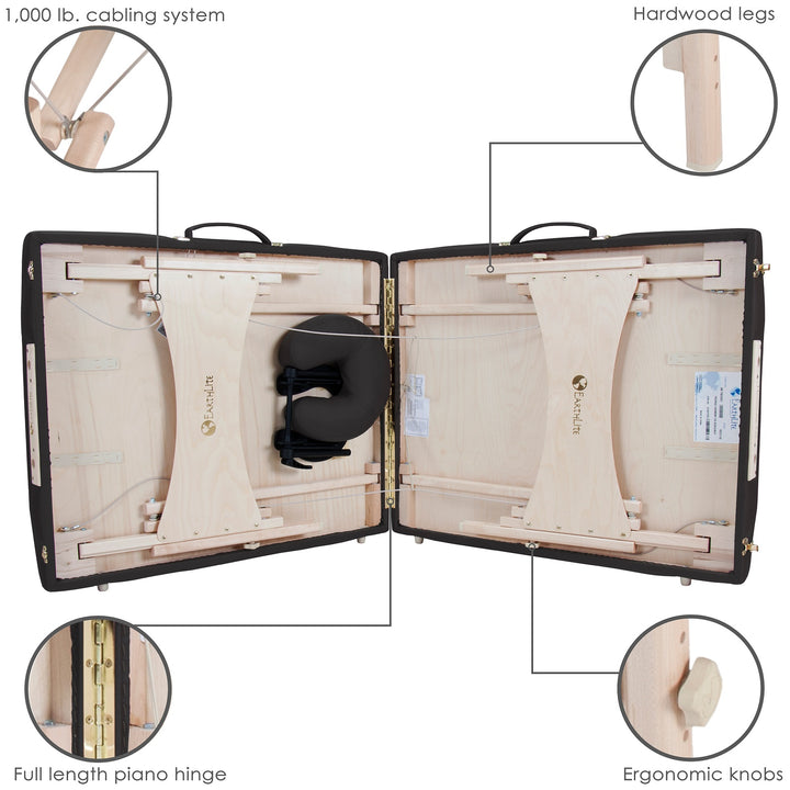 Earthlite Harmony DX portable massage table in black partially folded.  Four cutout images depict hardwood legs, cabling system, piano hinge and adjustment knobs
