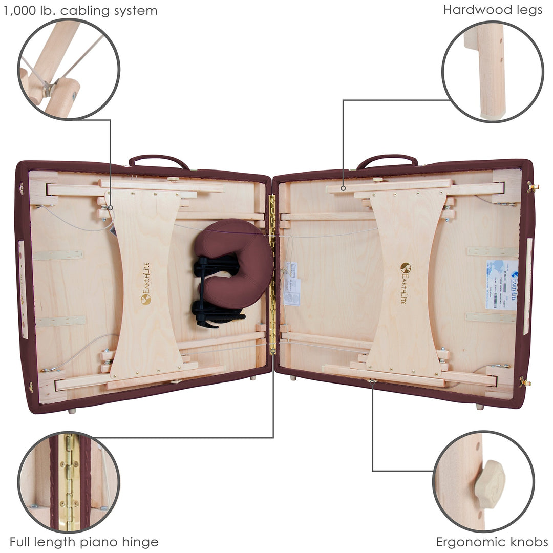 Earthlite Harmony DX portable massage table in burgundy partially folded.  Four cutout images depict hardwood legs, cabling system, piano hinge and adjustment knobs