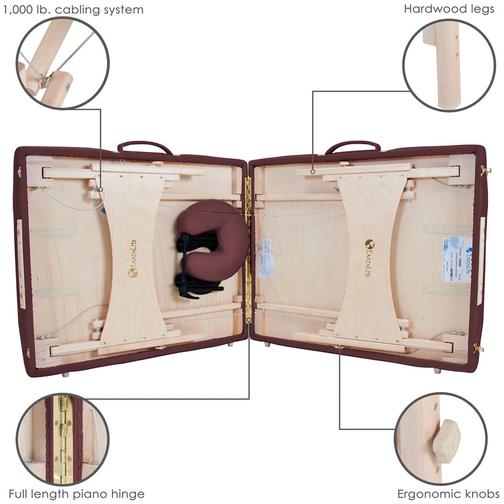 Earthlite Harmony DX portable massage table in burgundy partially folded.  Four cutout images depict hardwood legs, cabling system, piano hinge and adjustment knobs