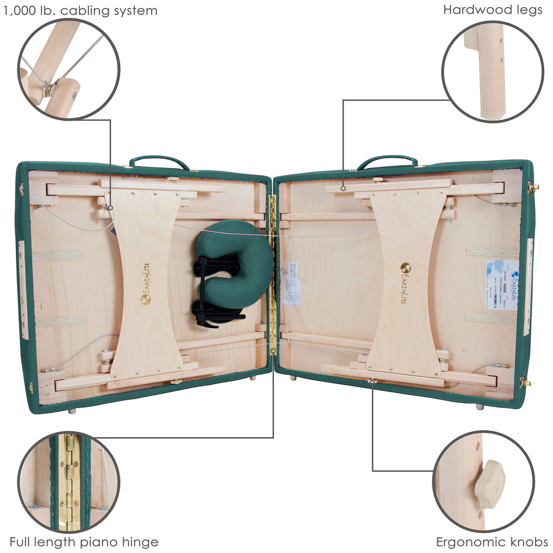 Earthlite Harmony DX portable massage table in teal partially folded.  Four cutout images depict hardwood legs, cabling system, piano hinge and adjustment knobs