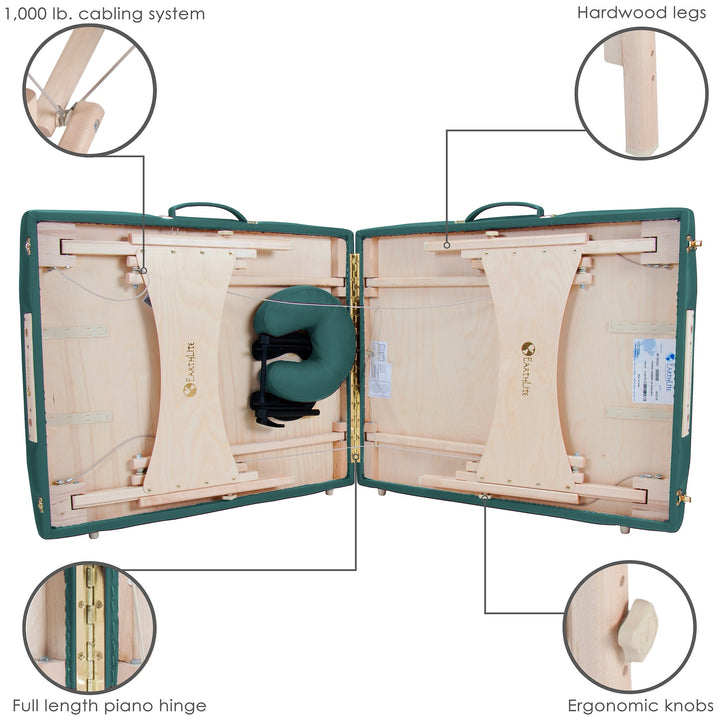 Earthlite Harmony DX portable massage table in teal partially folded.  Four cutout images depict hardwood legs, cabling system, piano hinge and adjustment knobs