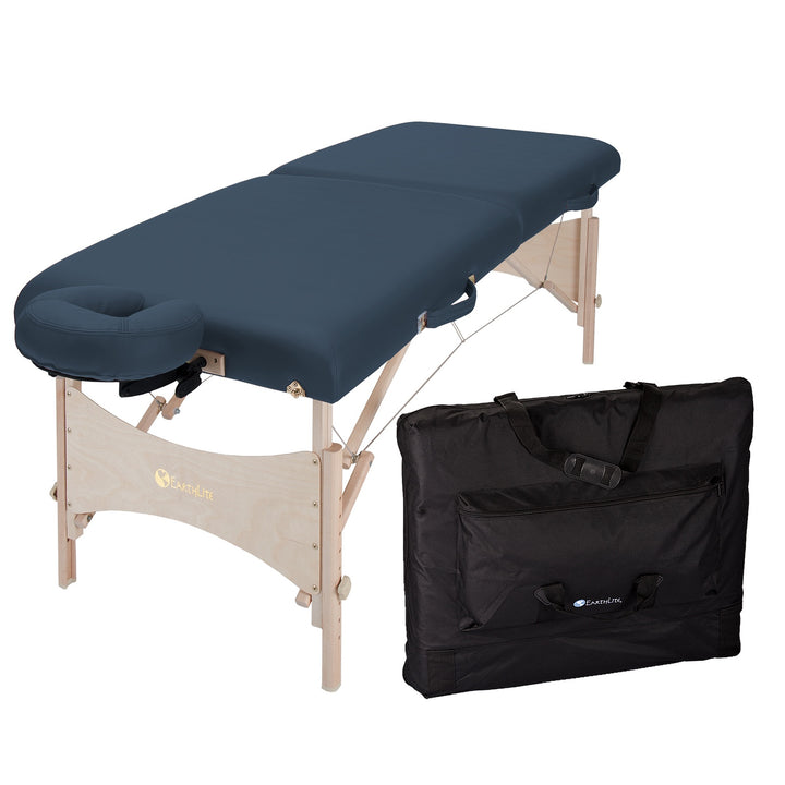 Earthlite Harmony DX portable massage table in mystic blue with black carrying bag