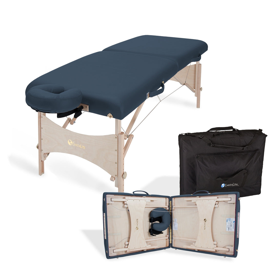 Earthlite Harmony DX portable massage table in mystic blue with black carrying bag and an image of the table partially folded