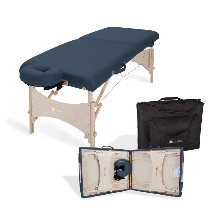 Earthlite Harmony DX portable massage table in mystic blue with black carrying bag and an image of the table partially folded