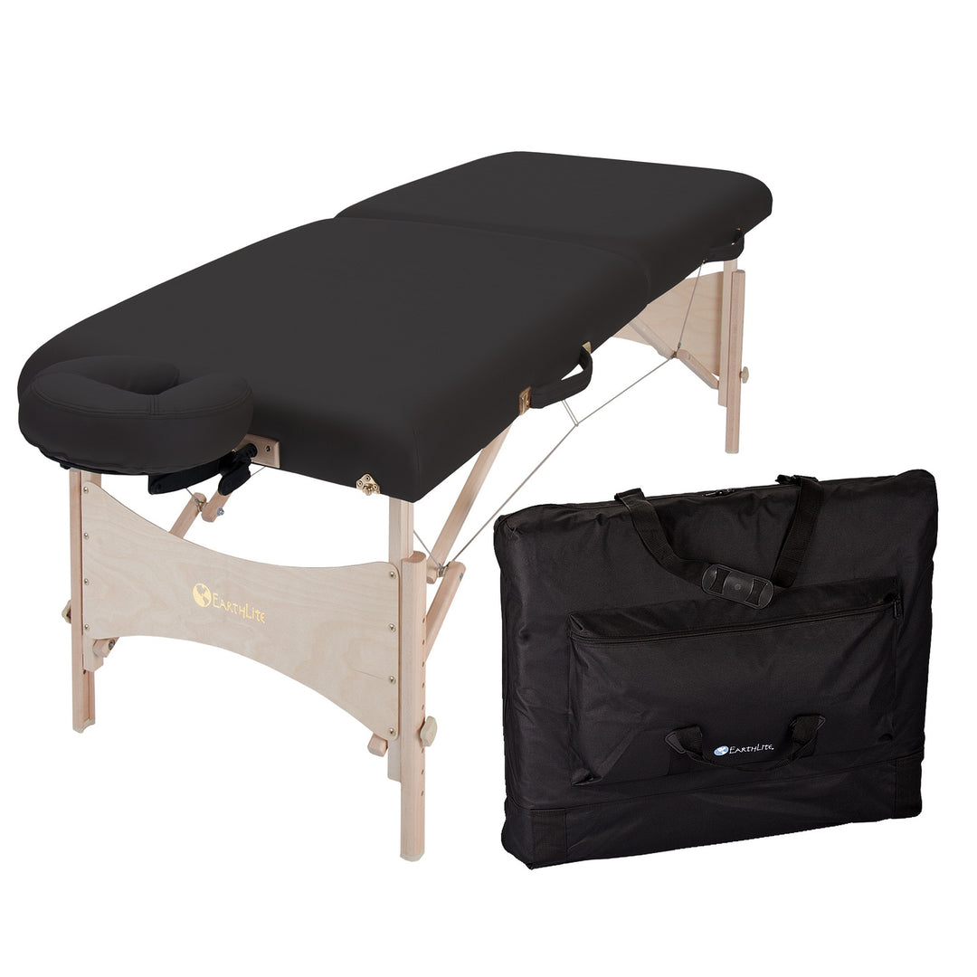 Earthlite Harmony DX portable massage table in black with black carrying bag