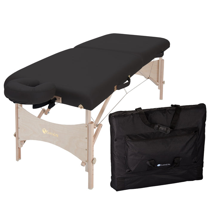 Earthlite Harmony DX portable massage table in black with black carrying bag