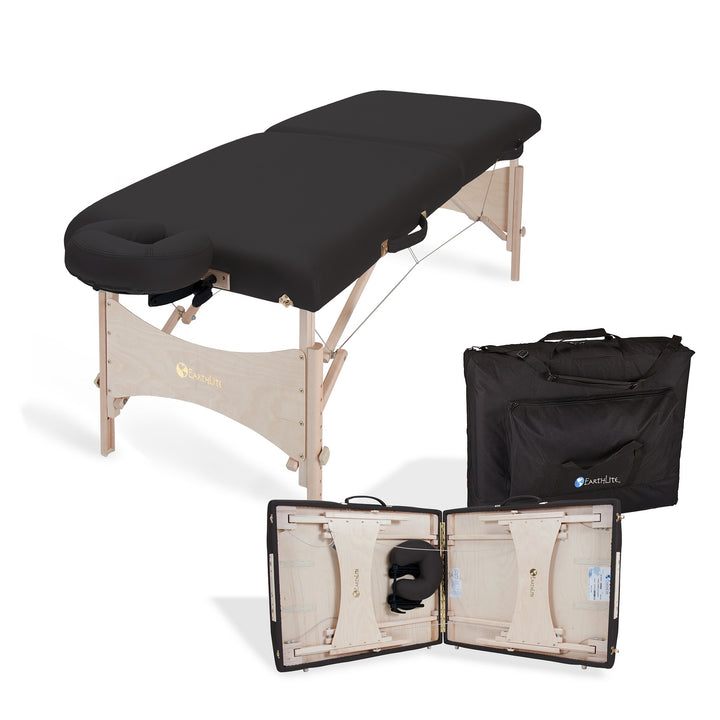 Earthlite Harmony DX portable massage table in mystic blue with black carrying bag and an image of the table partially folded