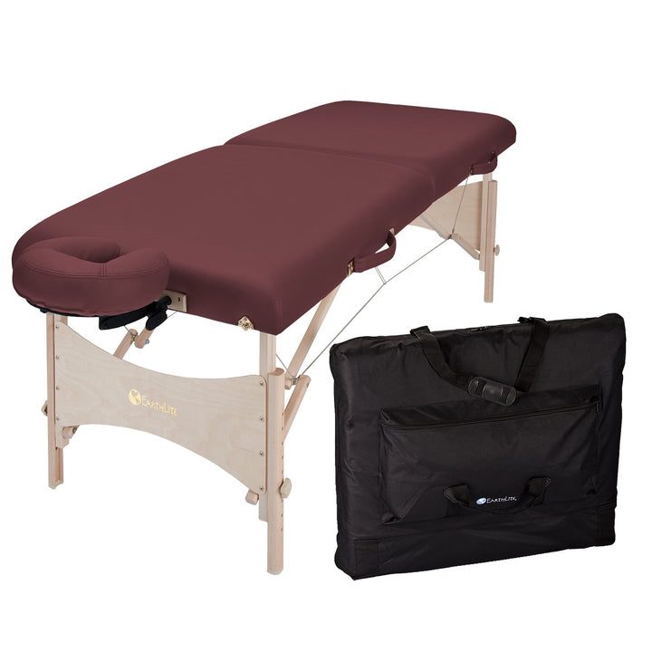 Earthlite Harmony DX portable massage table in burgundy with black carrying bag 