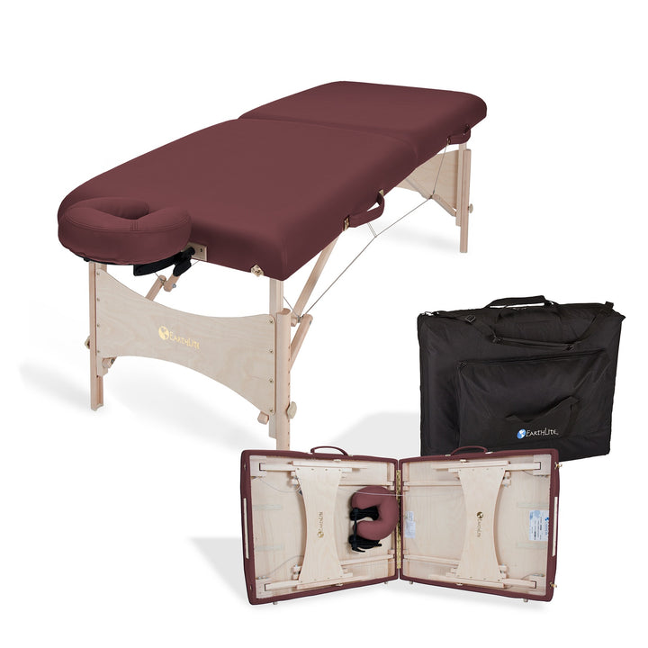 Earthlite Harmony DX portable massage table in burgundy with black carrying bag and an image of the table partially folded