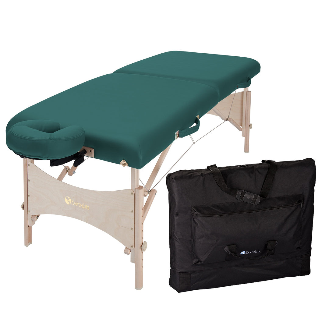 Earthlite Harmony DX portable massage table in teal with black carrying case