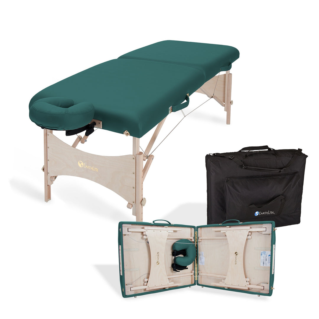 Earthlite Harmony DX portable massage table in teal with black carrying bag and an image of the table partially folded