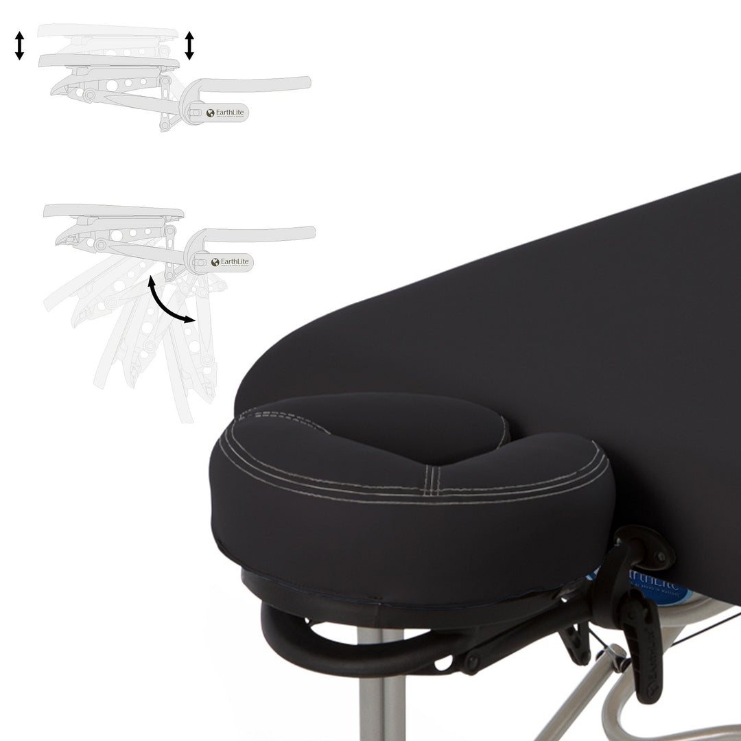 Earthlite Luna portable massage table in black with head rest depicting angle position